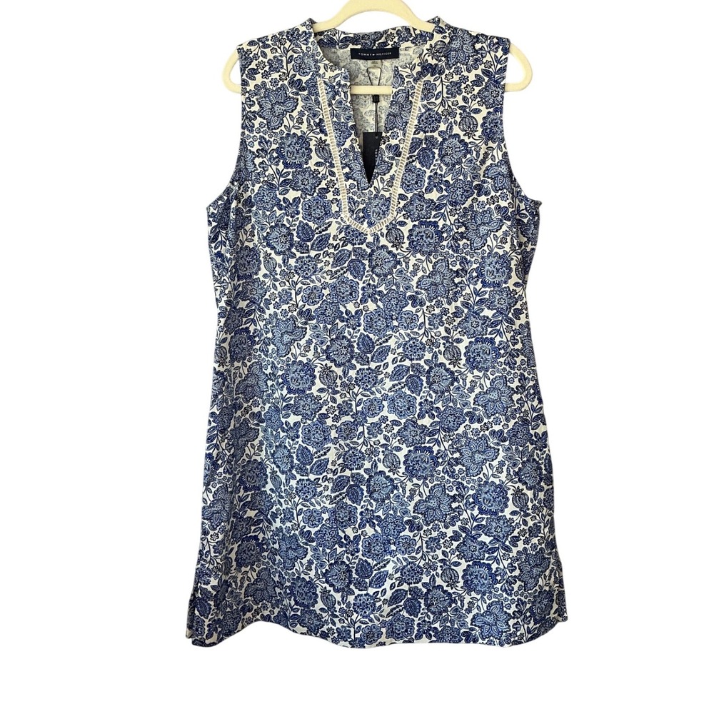 Tommy Hilfiger Blue White Floral Linen Blend Shift Dress Size 14 TDMOIW0006 NWT